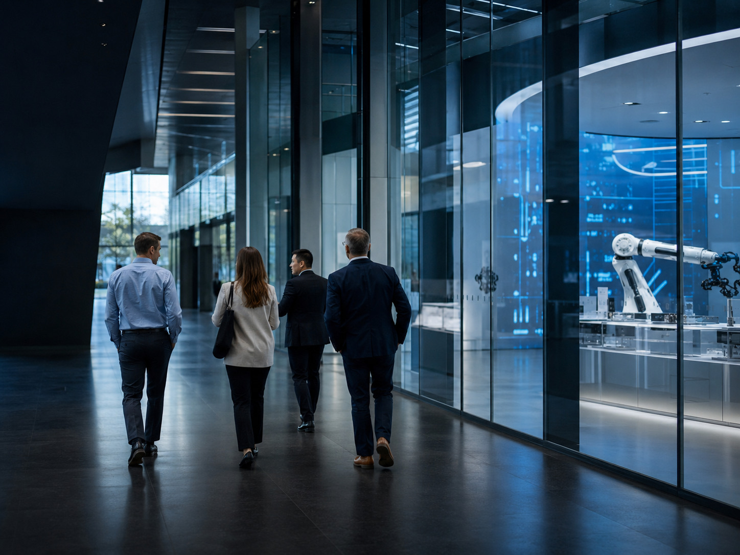 Executive group walking through a business environment