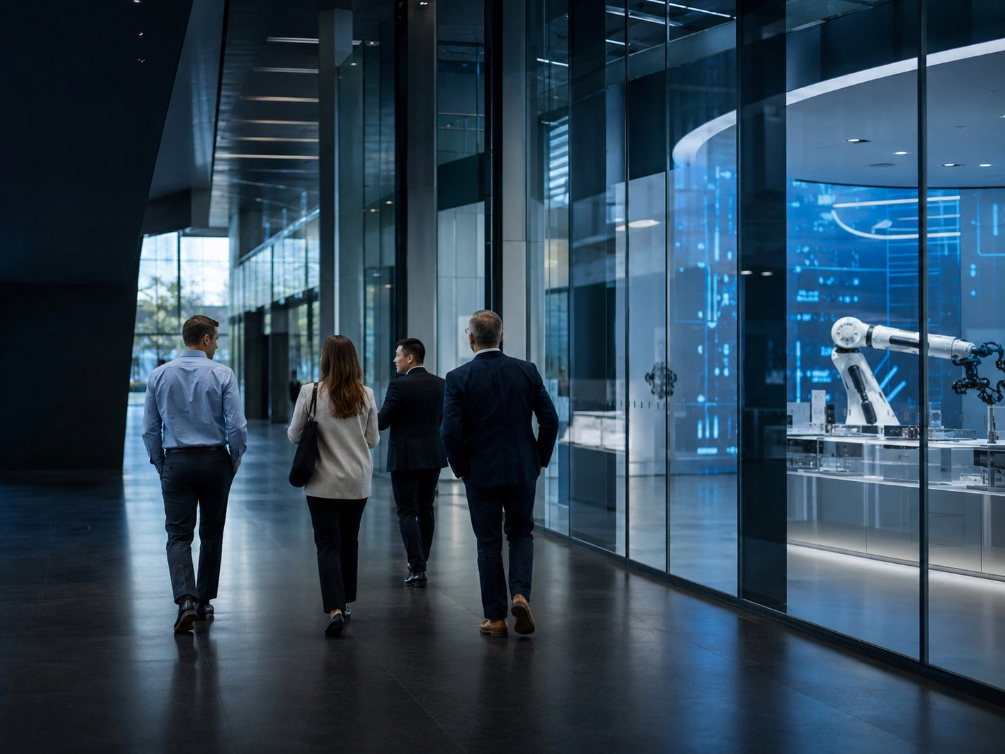 Executive group walking through a business environment