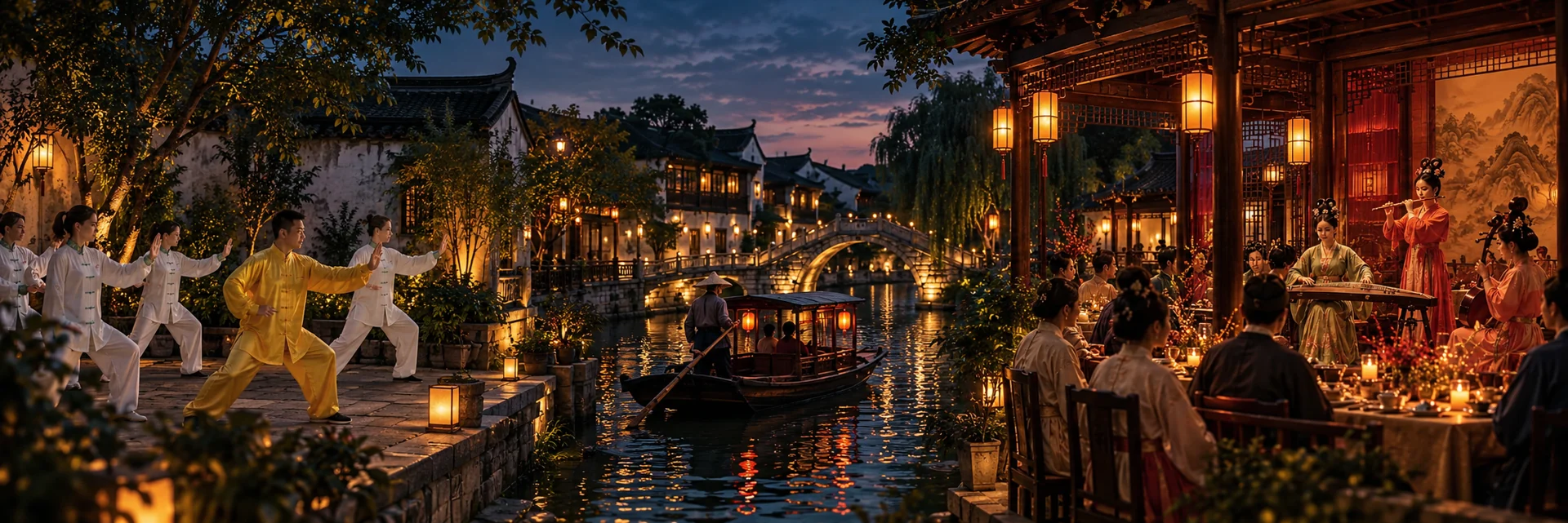 Illustrative Jiangnan cultural experience with tai chi, a hand-rowed boat and a traditional dinner