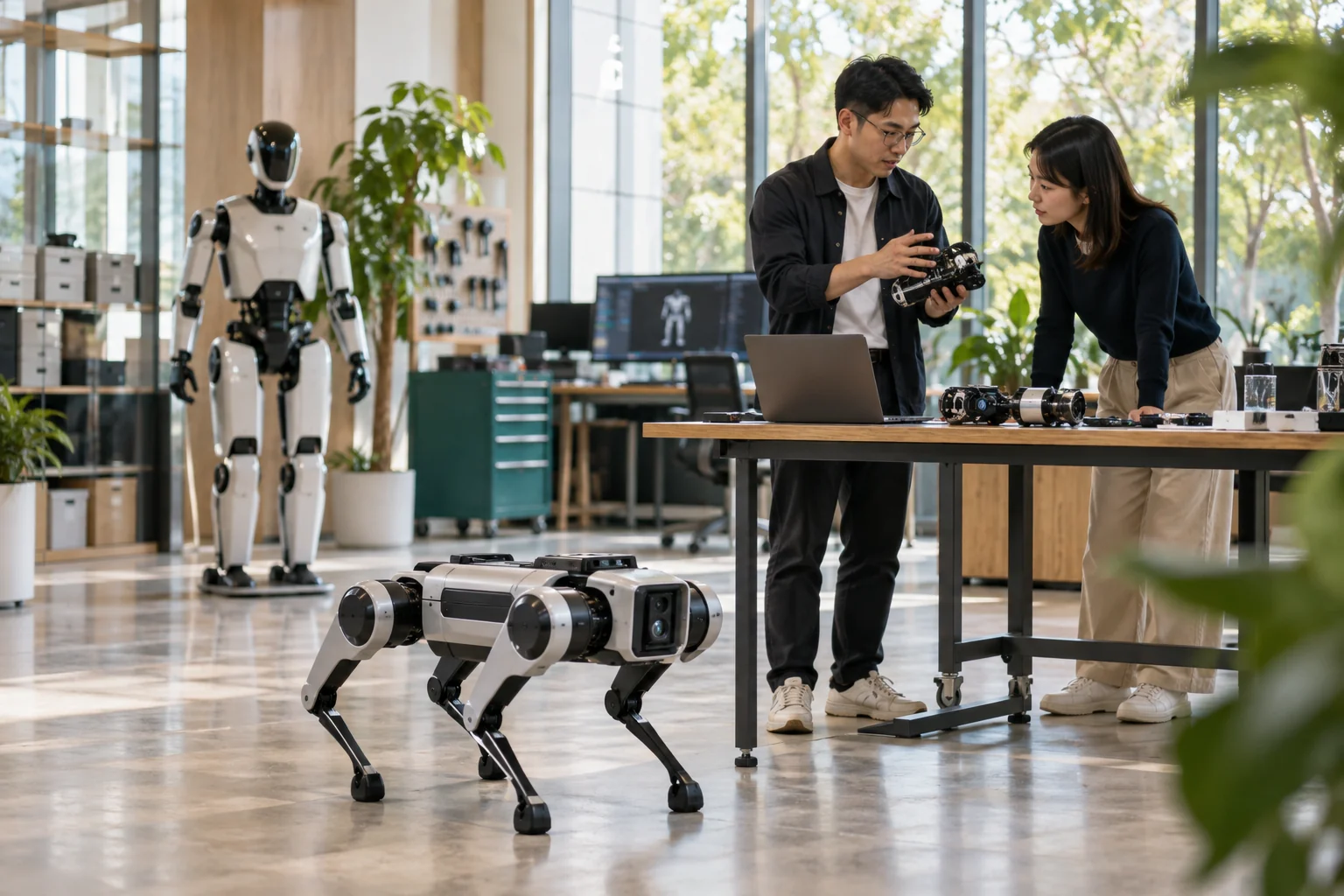 Illustrative scene of robotics development and practical AI applications