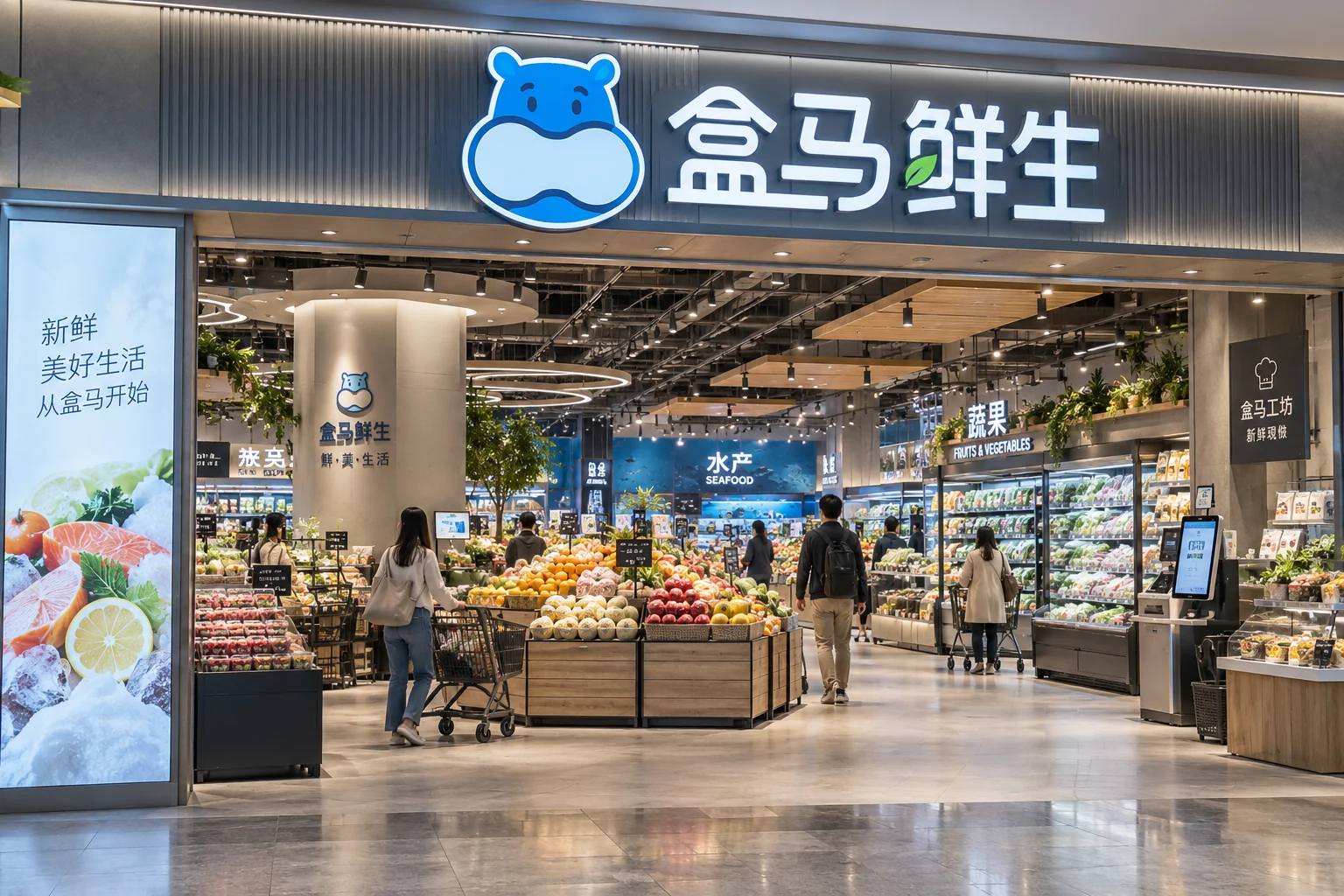 Illustrative Hema Freshippo supermarket scene, representing digital commerce and new retail